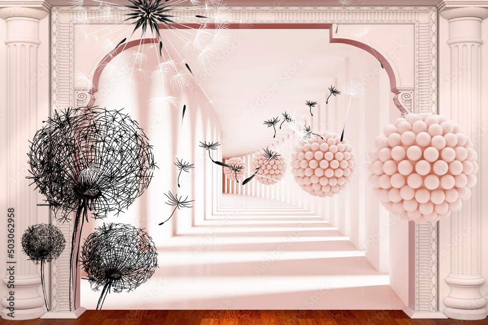 Naklejka premium Dandelions with 3d balls in the tunnel. 3d image. 3d Photo Wallpapers. Wallpaper for the interior.