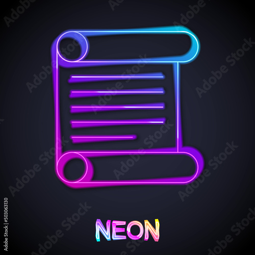 Glowing neon line Decree, paper, parchment, scroll icon icon isolated on black background. Vector