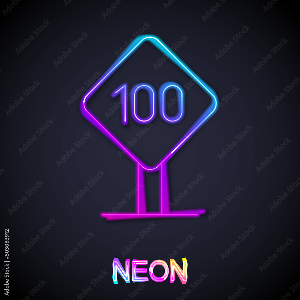 Glowing neon line Speed limit traffic sign 100 km icon isolated on black background. Vector Glowing neon line Speed limit traffic sign 100 km icon isolated on black background. Vector
