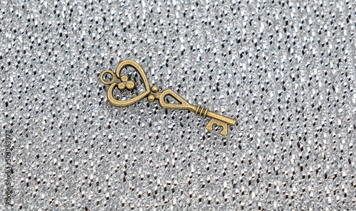 Bronze ornamental key with unique shapes and design on silver metal shavings background © Roberto Sorin
