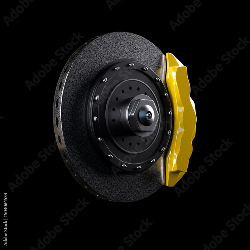 carbon ceramic car braking system brake disk with yellow caliper isolated on white background. 3d illustration