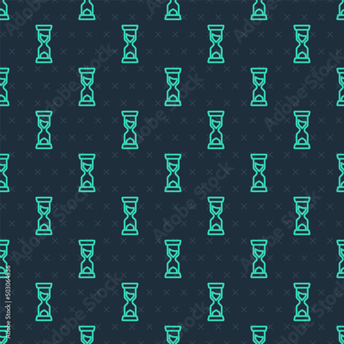 Green line Old hourglass with flowing sand icon isolated seamless pattern on blue background. Sand clock sign. Business and time management concept. Vector