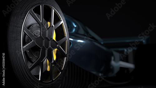 elegant dramatic super sports racing formula one car dramatic light 2021 edition showing wheel tires and disc brakes in dark black environment side view - 3d render of beautiful background wallpaper