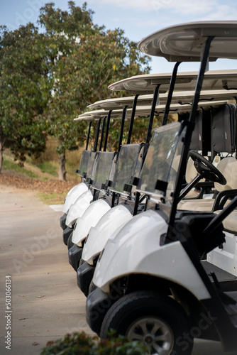 Slika na platnu Selective focus shot of parked golf carts