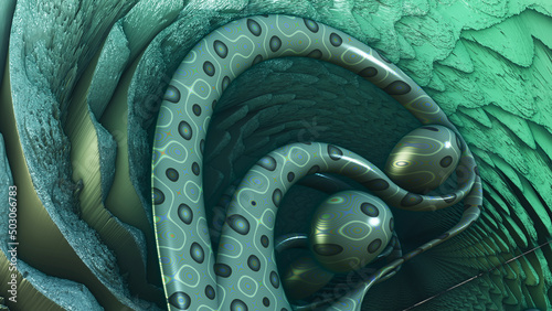 Fotografie Abstract background, fantastic 3D green structures, fantasy abstract architectural shapes, 3D render illustration