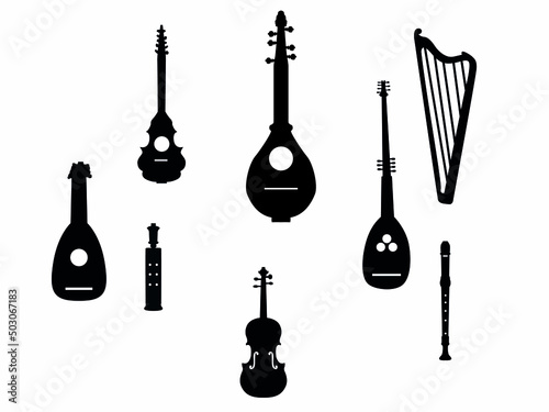 music instruments vector set. Musical instrument silhouette on white background
