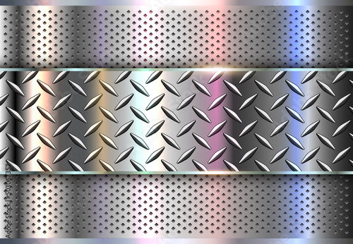 Silver metallic background, shiny and lustrous metal banner on perforated pattern back