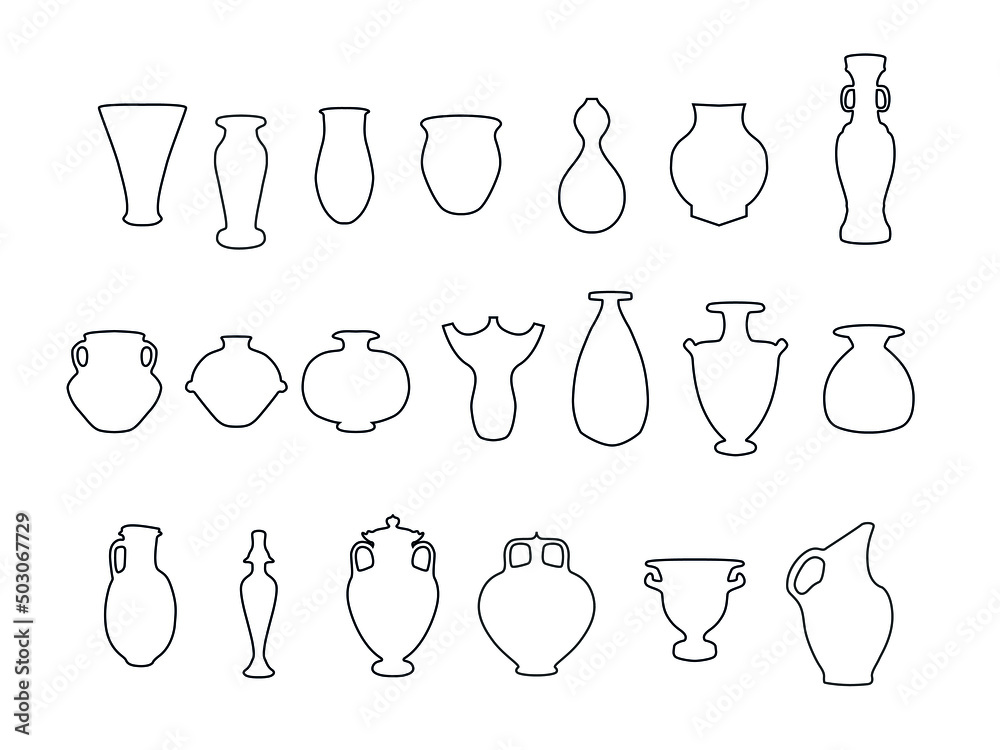 Outline vases and amphora collection, vector line art. Vase pottery, ancient pot Outline vases and amphora collection, vector line art. Vase pottery, ancient pot