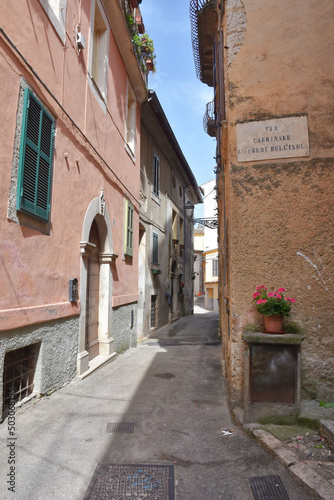 Tableau sur toile Narrow alley between medieval stone buildings in Arpino, Province of Frosinone,