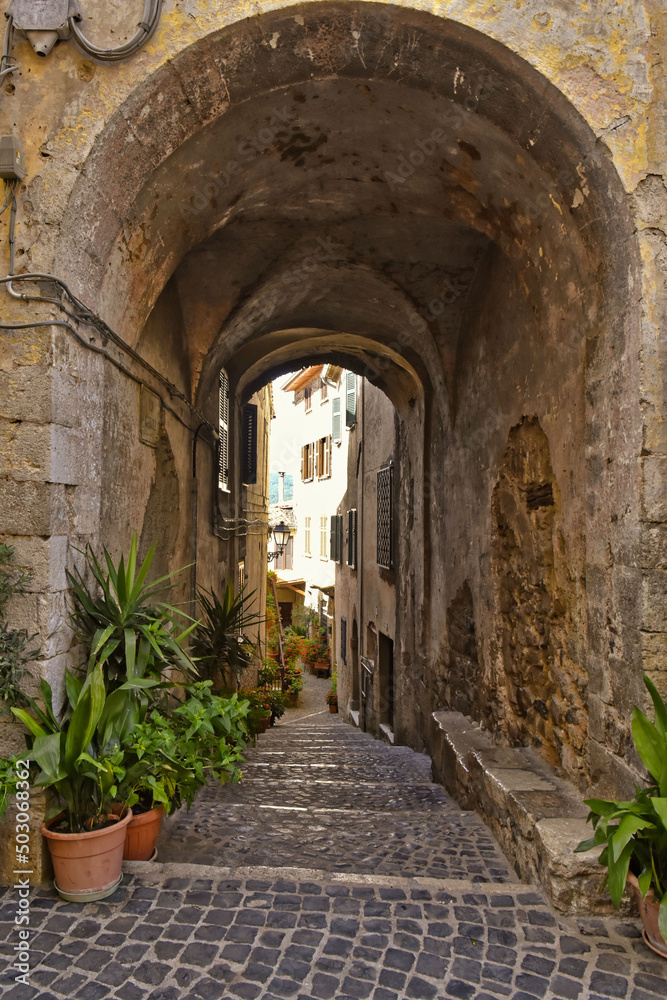 Fototapeta premium Narrow street among the old houses of Giuliano di Roma, a village in the Lazio region of Italy