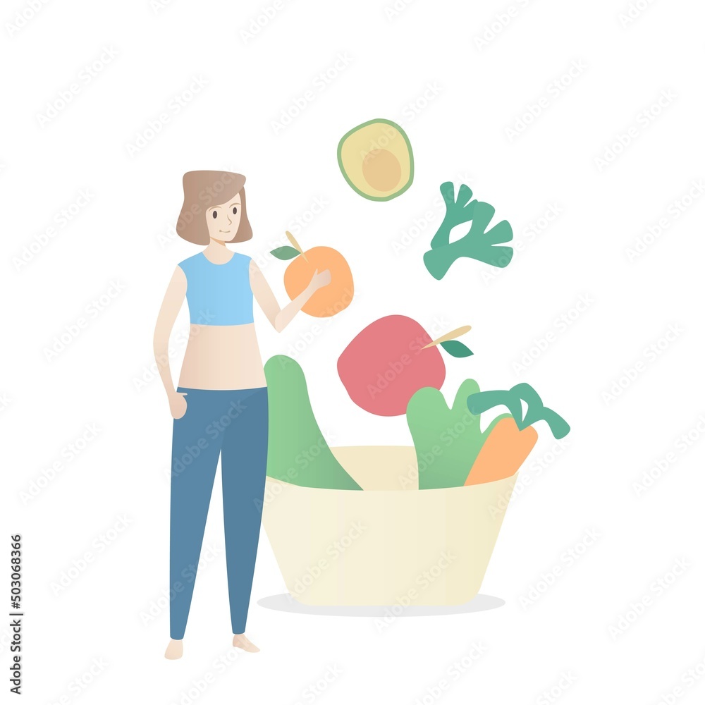 Fitness programs and diet,Workout training to lose weight plan for female,Nutrition Benefit of vegetable and fruit,Healthy woman in exercise clothes,Vector illustration.