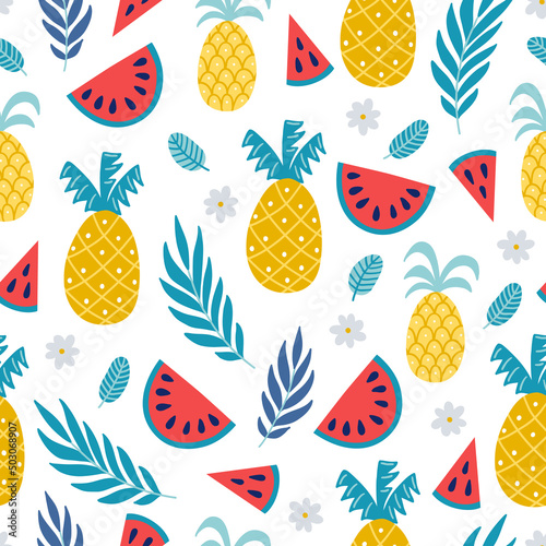 Summer seamless pattern with pineapple, flowers, watermelon, palm leaves