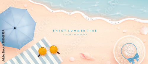 Beautiful horizontal banner design template with realistic summer elements on a beach background. Vector illustration