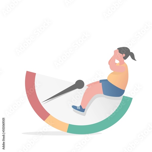 Obese women are worry and stress about overweight,Sitting on an inclined measure weight scale,It's time to seriously control your diet,weight loss and health care,vector illustration.