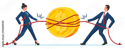 Business People Pull of Coin. Woman and Man Tug of War for Dollar Money and Look at Each Other. Business Target, Rivalry, Competition, Conflict. Achievement, Goal Success. Flat Vector Illustration
