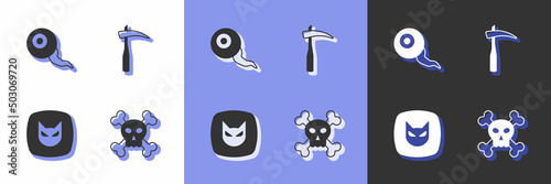 Set Skull on crossbones  Eye  Black cat and Scythe icon. Vector