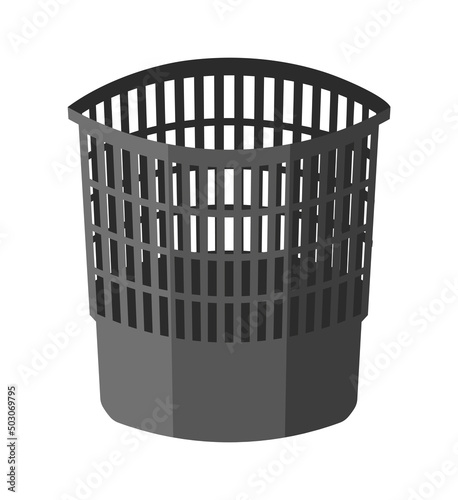 Empty Office Trash Can Isolated on White Background. Paper Bin Bucket Stationery. Black Plastic Wastepaper Basket. Cartoon Flat Vector Illustration