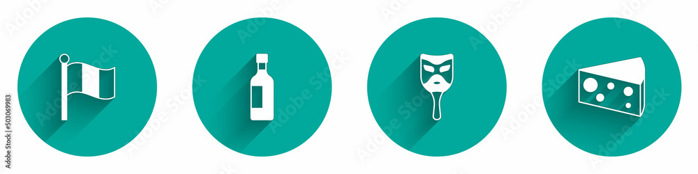 Set Flag Italy, Bottle of wine, Carnival mask and Cheese icon with long shadow. Vector Set Flag Italy, Bottle of wine, Carnival mask and Cheese icon with long shadow. Vector