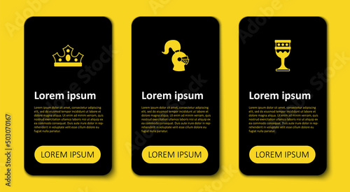 Set Medieval goblet, helmet and King crown. Business infographic template. Vector