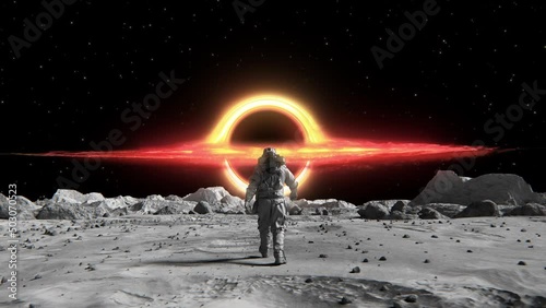 Footage of a brave astronaut in a space confidently walking toward a supermassive black hole photo
