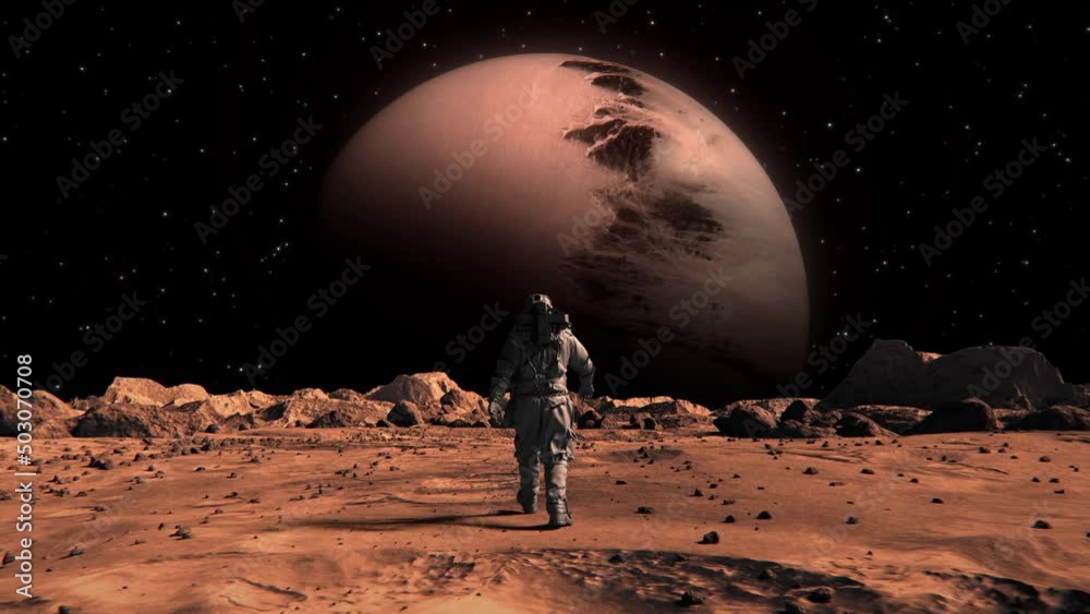 Footage of a brave astronaut in a suit confidently walking on Mars toward a space planet
