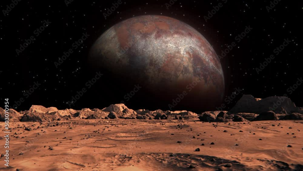 Footage of a space planet seen from Mars with small rocks and red sand