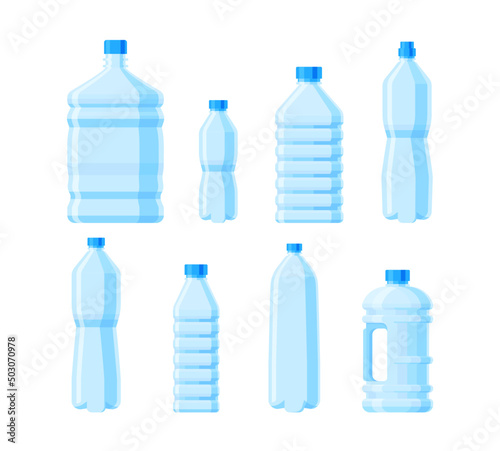 Set of different water bottles in flat vector style. Collection of Blue water bottles of different shapes and sizes isolated on white background.