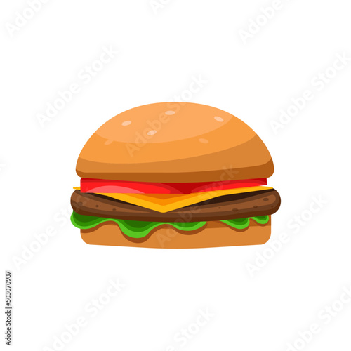 Burger flat vector illustration on white background. Hamburger colorful icon isolated on white background. Cheeseburger