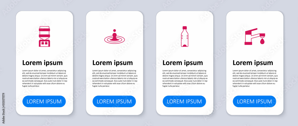 Set Water tap, Bottle of water, drop and cooler. Business infographic template. Vector Set Water tap, Bottle of water, drop and cooler. Business infographic template. Vector