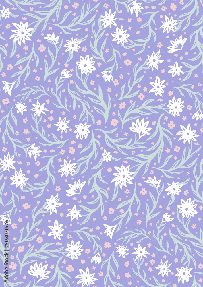 Seamless gentle pattern with delicate small white and pink flowers on stems on a lilac background. Vector natural texture with Ditsy for fabrics. Seamless gentle pattern with delicate small white and pink flowers on stems on a lilac background. Vector natural texture with Ditsy for fabrics.