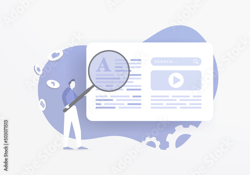 Content SEO marketing strategy concept. Creating content that helps your web pages to rank high in the search engines. Research keywords and search engine success factors vector illustration