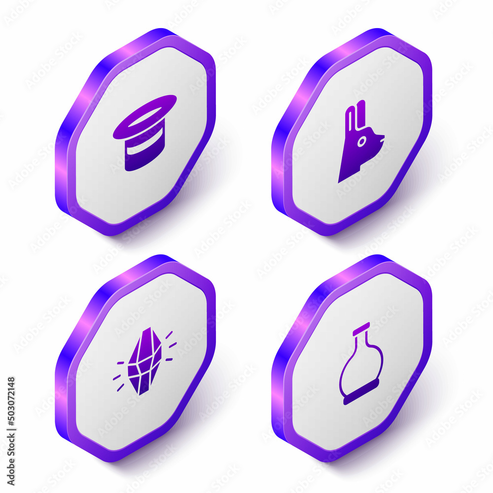 Set Isometric Magic hat, Rabbit with ears, stone and Bottle potion icon. Purple hexagon button. Vector