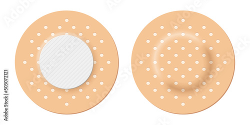 Adhesive bandage set of round shape, 3d realistic circle band aid, back and front view