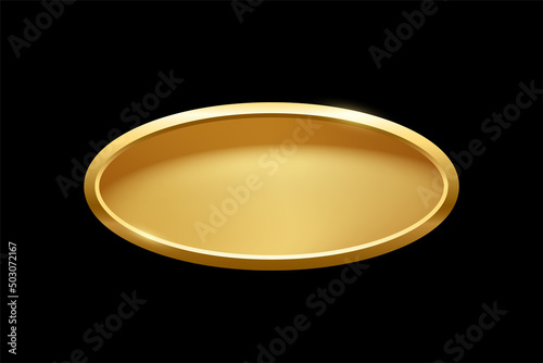 Gold ellipse shape button with frame vector illustration. 3d golden glossy elegant design for empty oval emblem, medal or badge, shiny and gradient light effect on plate isolated on black background.
