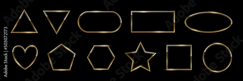 Gold frames of different geometric shapes, 3d realistic shiny golden border collection