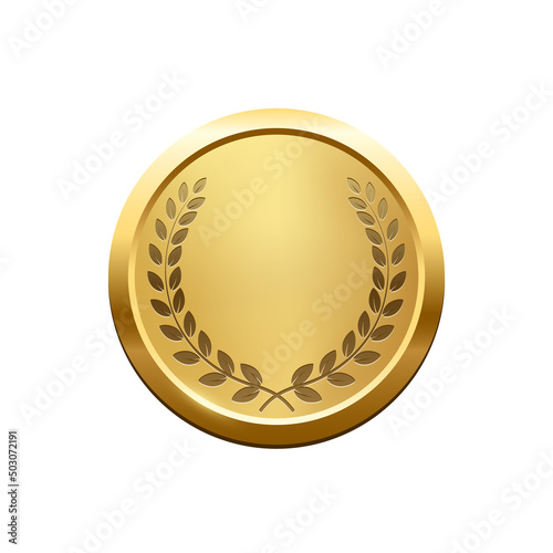 Gold medal with laurel wreath vector illustration. 3d realistic trophy badge of circle design, greeting anniversary or jubilee medallion, achievement champion isolated on white background.