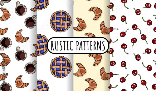 Set of breakfast doodles seamless patterns. Cute cartoon tasty croissants and other brunch food repeatable texture background tiles collection. Cozy template of illustrations for wrapping, wallpaper