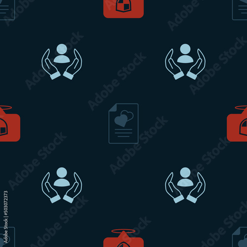 Set Location shield, Marriage contract and Life insurance on seamless pattern. Vector