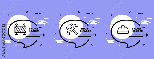 Construction set icon. Helmet, hammer, wrench, builder, barrier. Building concept. Infographic timeline with icons and 3 steps. Vector line icon for Business and Advertising