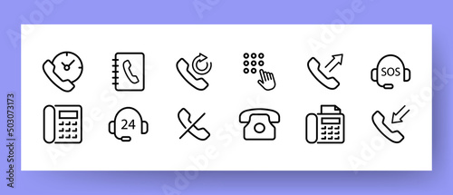 Hotline set icon. Calls around the clock, phone book, dialing, phone, sos, call back. Support service concept. Vector line icon for Business and Advertising
