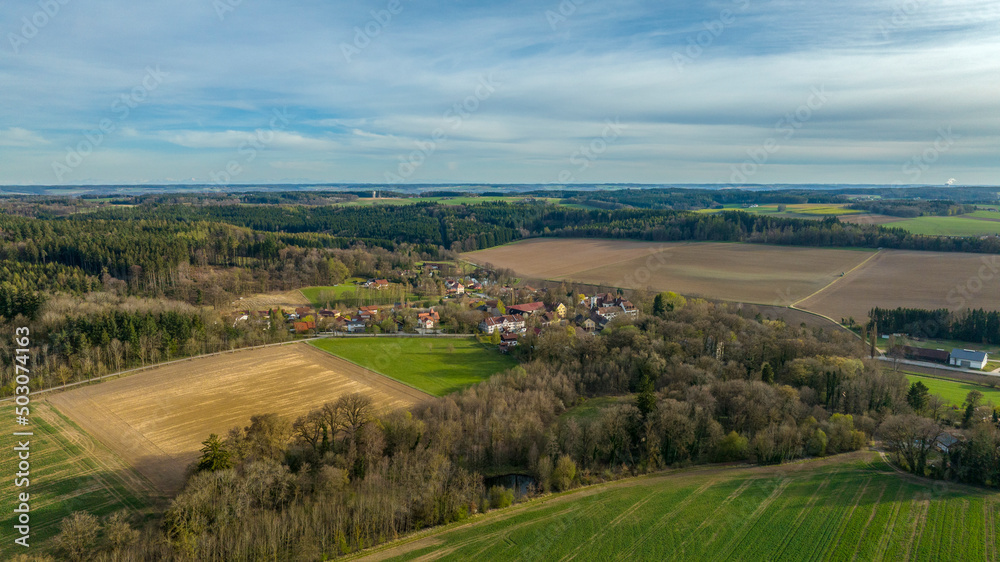 Luftaufnahme Wiesen und Felder in Bayern