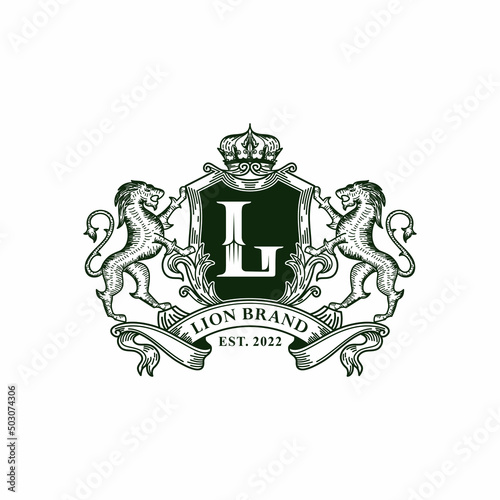 Lion heraldry emblem modern line style with a shield and crown logo design