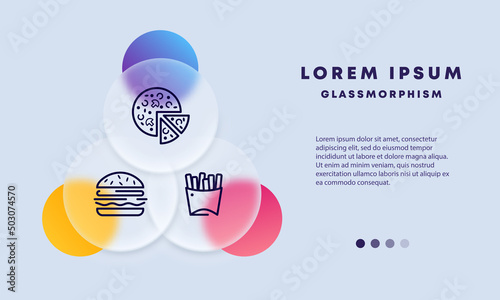 Fast food set icon. Pizza, french fries, deep fried potatoes, burger, sandwich. Fatty food concept. Glassmorphism style. Vector line icon for Business and Advertising