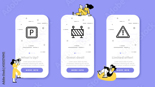 Traffic rules set icon. Stop sign, parking, barrier, travel without stopping is prohibited. Highway code concept. UI phone app screens with people. Vector line icon for Business and Advertising
