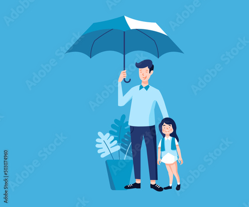 Man holding Umbrella for her child. Vector, Illustration, Flat Design Illustration.