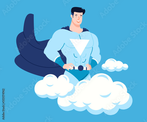 Superhero Man with muscular body wearing bodysuit and cape standing in cloud powerful posture. vector illustration. (ID: 503074962)