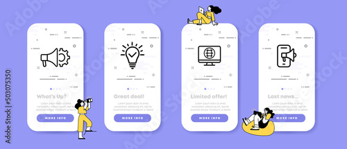 Infographic set icon. Loudspeaker, lamp, monitor with a planet, phone with a mouthpiece. UI phone app screens with people. Vector line icon for Business and Advertising
