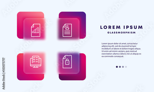 File set icon. Network file, summary, information, document, monitor with clipboard, protection, password, lock. Glassmorphism style. Vector line icon for Business and Advertising