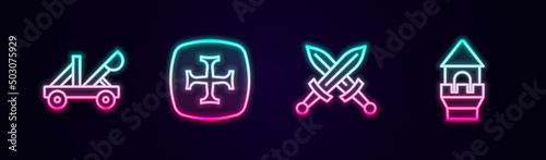 Set line Medieval catapult, Crusade, Crossed medieval sword and Castle tower. Glowing neon icon. Vector