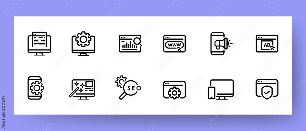 Website set icon. File, computer setup, search, internet, share, ads, apps, seo, success, etc. Network concept. Vector line icon for Business and Advertising Website set icon. File, computer setup, search, internet, share, ads, apps, seo, success, etc. Network concept. Vector line icon for Business and Advertising
